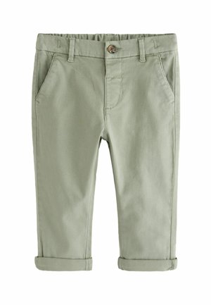 Pantalon vert clair pour tout-petit avec poches avant, passants pour ceinture, fermeture par bouton et revers roulés.