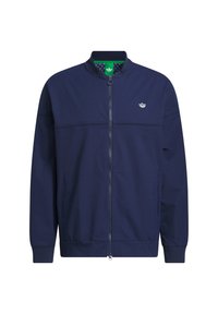 Navy blue zip-up jacket with ribbed collar, cuffs, and hem, featuring a small white Adidas trefoil logo on the chest and side pockets.