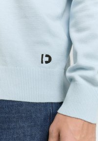 Svijetloplava džemper od mekog materijala, s rebrastim manžetama i rubom, s malim crnim logotipom otisnutim blizu dna.