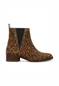 Botas de tobillo de estampado de leopardo hechas de ante, con paneles laterales elásticos negros y tirador. Suela plana y diseño de puntera redonda.