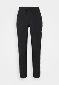 Schwarze Sporthose mit einem Kordelzugbund, geraden Beinen und ohne sichtbare Muster oder Beschläge, aus einem leichten Stoff gefertigt.