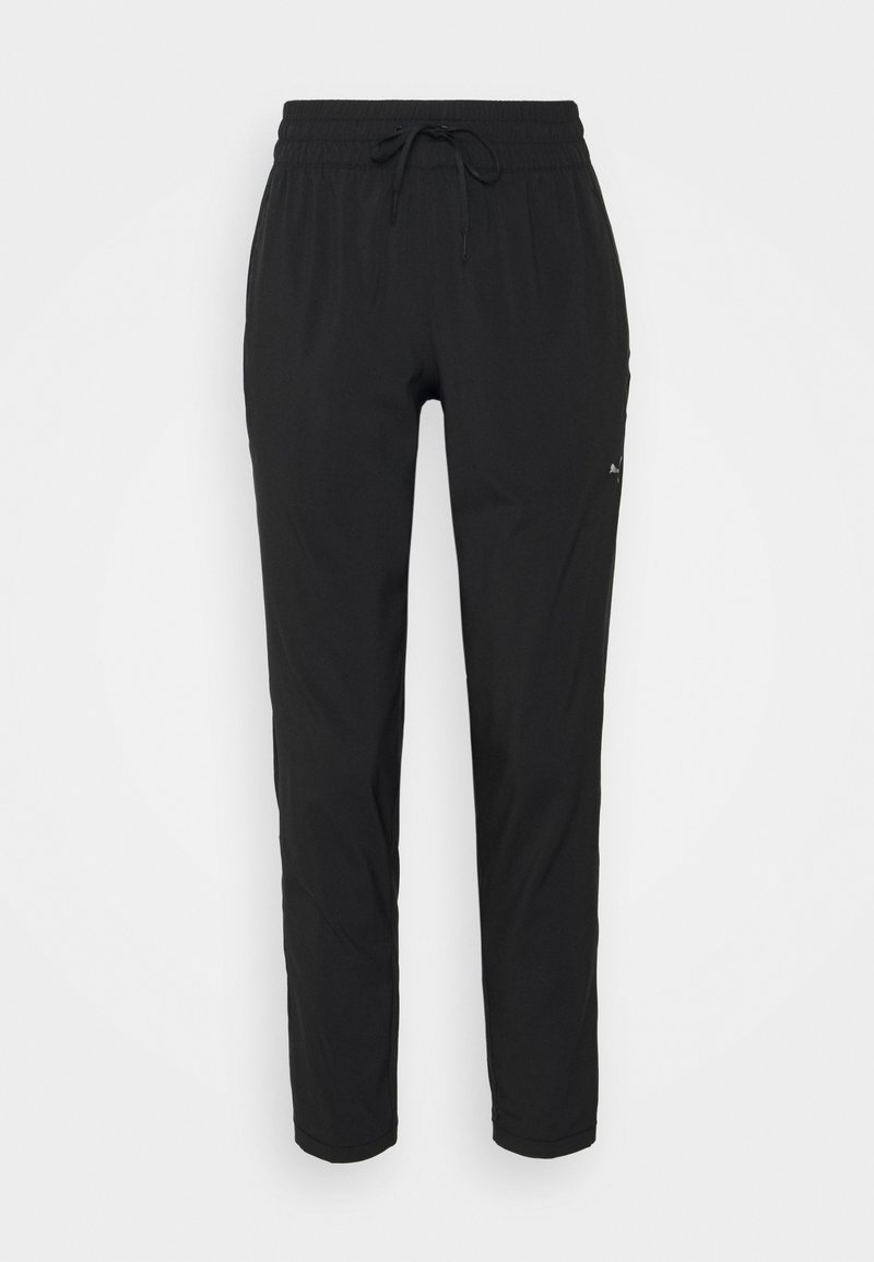 Schwarze Sporthose mit einem Kordelzugbund, geraden Beinen und ohne sichtbare Muster oder Beschläge, aus einem leichten Stoff gefertigt.