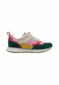 Multicolore sneakers met groene suede, roze en gele textielaccenten, rubberen zool, vetersluiting aan de voorkant en een lusvormige trekstrip bij de hak.
