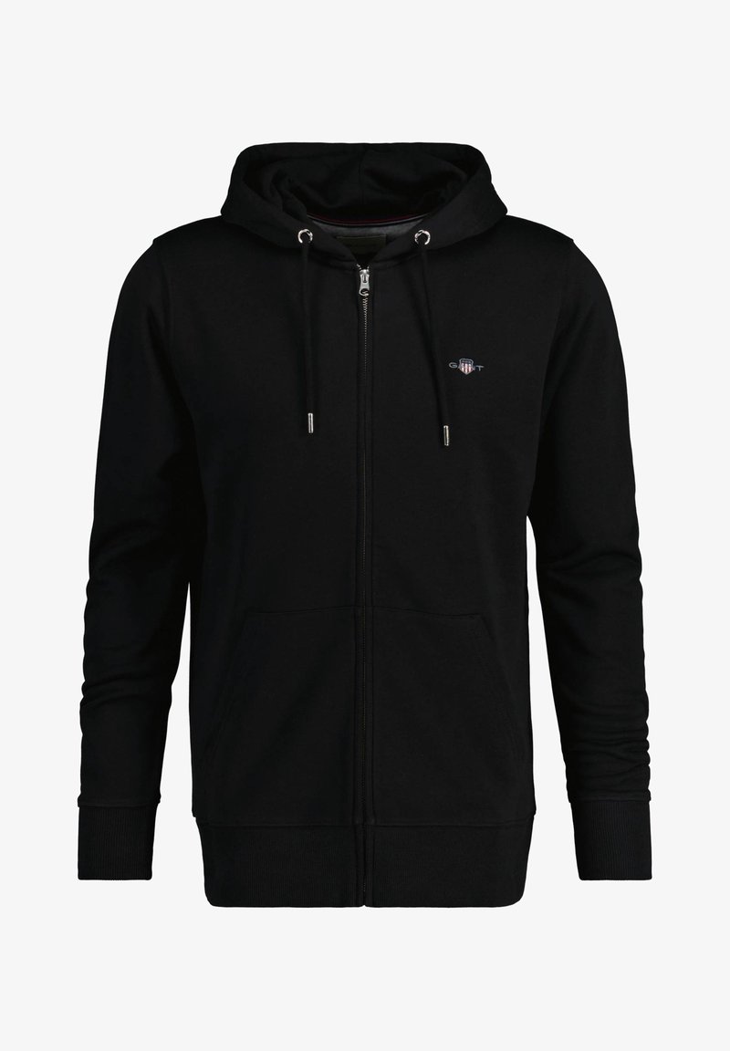 Sweat à capuche noir zippé avec poches avant, cordon de serrage à la capuche et petit logo brodé sur la poitrine gauche.