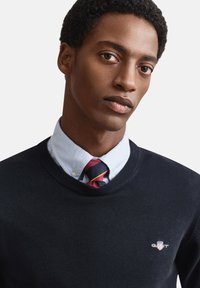 Tamsiai mėlynas megztinis su apvalia iškirpte ir ribinėmis rankogaliais, dėvimas per šviesiai mėlyną marškinių apykaklę ir dryžuotą raudonos, tamsiai mėlynos ir geltonos spalvų kaklaraištį.