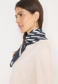 Écharpe en soie rayée marine et blanche, portée autour du cou, présentant une texture légère et une pointe triangulaire à l'extrémité.