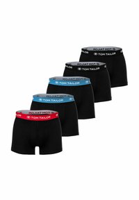 Boxer neri con cintura elastica nei colori rosso, blu e nero, con il logo "TOM TAILOR". Tessuto morbido e elastico, design aderente.