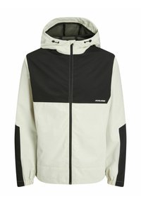 Giacca leggera con pannelli bianchi e neri, dotata di cappuccio, zip completa, polsini elasticizzati e fodera in rete per ventilazione.