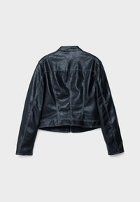 Black leather jacket with long sleeves, cropped design, visible white stitching, and a smooth texture. Features a classic collar and back seams.