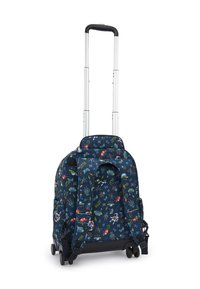 Zaino con rotelle in tessuto a fantasia blu navy, caratterizzato da robot colorati e icone, manico retrattile e base con ruote.