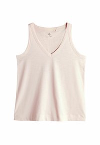 Heledane roosa ilma käisteta tank top V-kujulise kaelusega, pehmest kangast, sileda tekstuuriga ja sirge alläärega.