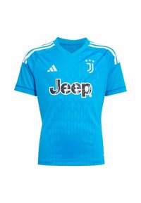 Ljusa blå Juventus-fotbollströja med v-ringning, korta ärmar, tre vita ränder på axlarna och en stor svart "Jeep"-logotyp.