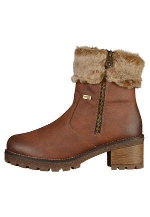 Bottine en cuir marron avec revers en fausse fourrure, fermeture éclair latérale, talon bloc et semelle crantée pour l'hiver.
