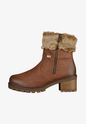 Brown leather ankle boot with faux fur cuff, side zipper, block heel, and treaded sole for winter wear.