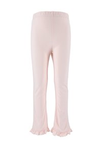 Light pink pants made of soft fabric, featuring a flared design and ruffled hem at the bottom. Elastic waistband for comfort.