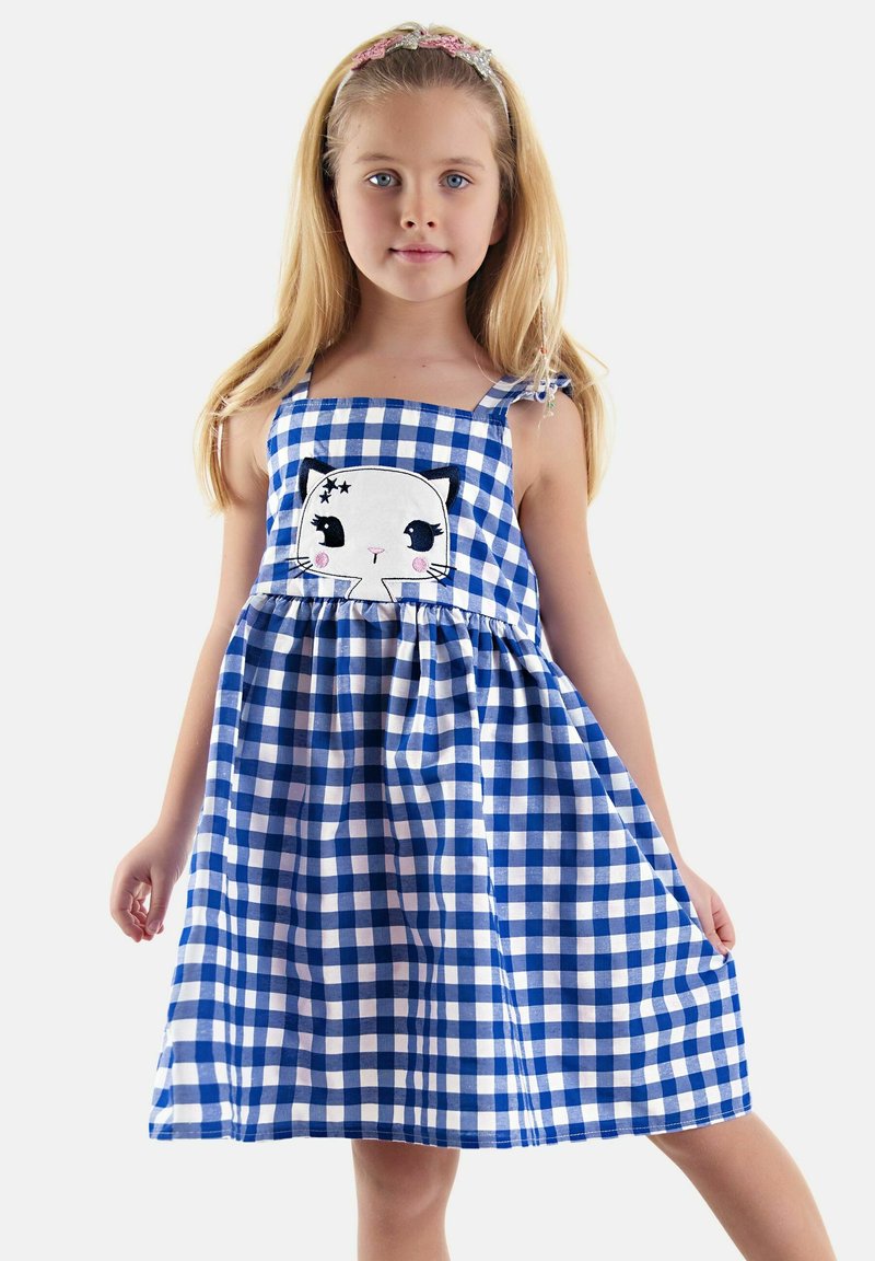 Blauw en wit geruite jurk met een aansluitend lijfje, verstelbare bandjes en een kattenafbeelding aan de voorkant; losse rok voor comfort.