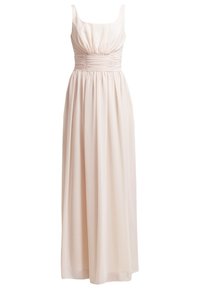 Lång, ljus beige klänning gjord av mjukt tyg. Har en figursydd överdel med samlad textur vid midjan och en svängande, full kjol.