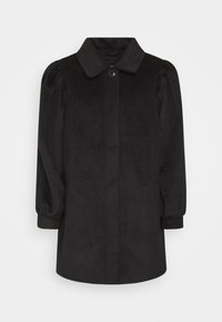 Abrigo negro con cuello de solapa, mangas largas abullonadas y cierre de botones. Tela lisa con un corte estructurado. Sin patrones ni detalles visibles.