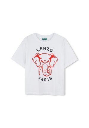 White cotton t-shirt featuring a bold red elephant graphic with "KENZO" above and "PARIS" below in black lettering. Short sleeves, loose fit.