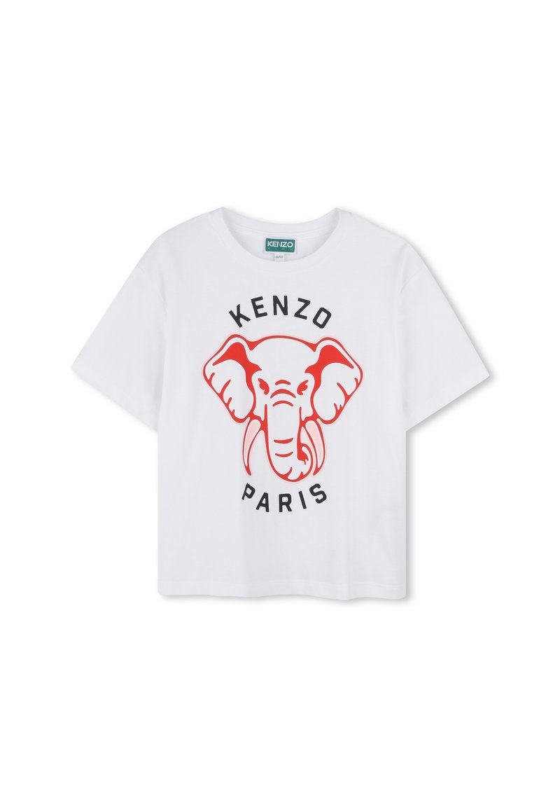 Witte katoenen T-shirt met een gedurfde rode olifant grafiek met "KENZO" er boven en "PARIS" eronder in zwarte letters. Korte mouwen, losse pasvorm.