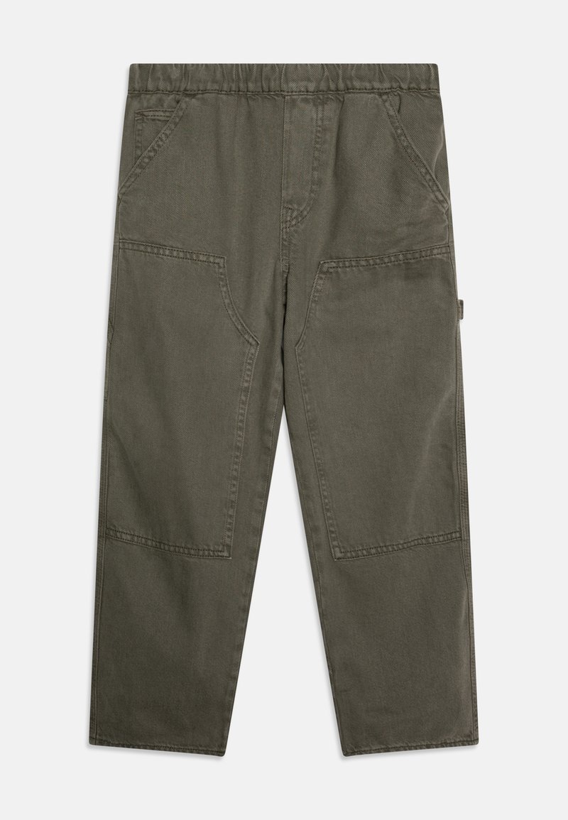 Calças cargo verde-oliva com cintura elástica, dois bolsos laterais e grandes bolsos aplicados nas coxas; feitas de tecido de algodão durável.