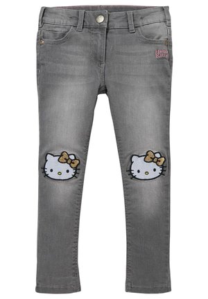 Szare jeansy dziecięce z twarzami Hello Kitty i złotymi kokardkami wyszytymi na kolanach oraz małym różowym logo Hello Kitty na kieszeni.