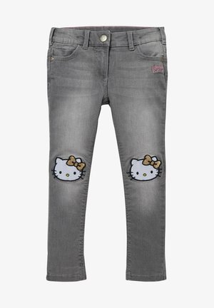 Grå børnejegns med Hello Kitty-ansigter og gyldne sløjfer broderet på knæene samt et lille lyserødt Hello Kitty-logo på lommen.