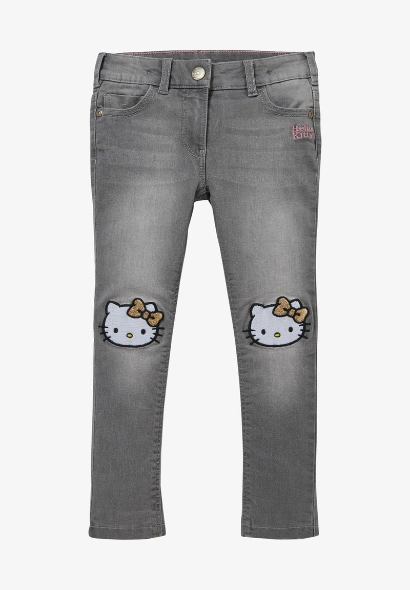 Jeans gris pour enfants avec des visages Hello Kitty et des nœuds dorés brodés aux genoux et un petit logo Hello Kitty rose sur la poche.