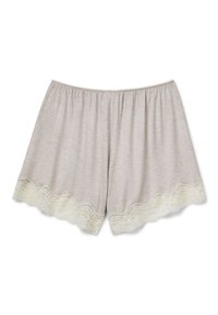 Pantaloni corti da donna color beige chiaro con cintura elastica e un delicato bordo in pizzo crema lungo l'orlo, distesi su uno sfondo bianco.