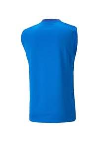 Maglietta atletica blu senza maniche con pannelli sulle spalle a righe blu scuro e scollatura rotonda, vista di spalle.