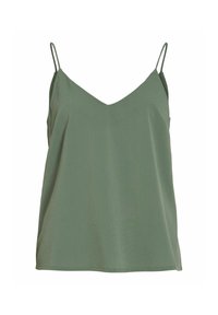 Ærmeløs grøn kamisolletop med tynde dobbelte skulderstropper og en V-udskæring, vist mod en hvid baggrund.