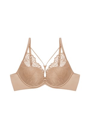 Beige Spitzen-BH mit Bügel, verstellbaren Trägern, gewelltem Spitzenbesatz an den Cups und einem dekorativen dünnen Strang, der die Mitte verbindet.