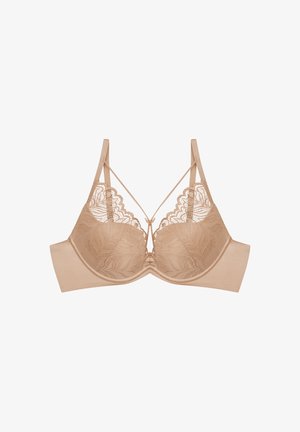 Beżowy stanik koronkowy z fiszbinami, regulowanymi ramiączkami, falistymi detalami koronkowymi na miseczkach oraz dekoracyjnym cienkim paskiem łączącym centra.