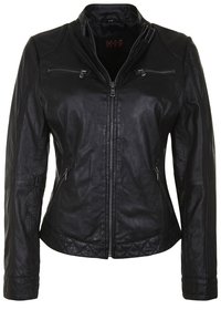 Black leather jacket featuring a zip front, two zippered chest pockets, long sleeves, and a fitted design with quilted accents at the hem.