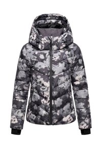 Dikke winterjas met een zwart, grijs en wit bloemenkamouflagepatroon, een hoge kraag met verstelbare koordjes en een volledige ritssluiting.