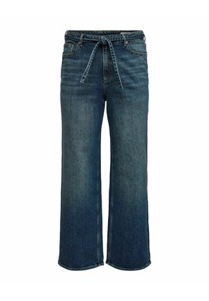 Wide-leg denim jeans in medium blue, featuring a drawstring tie at the waist, front pockets, and a relaxed fit with a smooth texture.