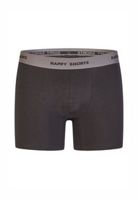 Dark gray boxer shorts with a contrasting light gray waistband featuring the text "HAPPY SHORTS" in black. Smooth fabric, mid-length fit.