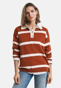 Pull rayé marron et blanc avec un col à boutons. Il présente des poignets côtelés et une coupe décontractée, porté par-dessus une chemise à col.