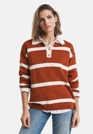Brown and white striped sweater with a collared, buttoned neckline. It features ribbed cuffs and a relaxed fit, layered over a collared shirt.