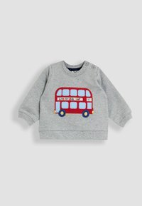Grå sweatshirt med et rødt dobbeltdækkerbusdesign. Broderede detaljer inkluderer blå vinduer og teksten "London Bus Tour" ovenfor bussen.