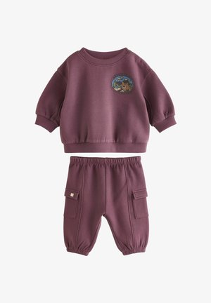 Dvodelni otroški komplet v zatemnjeni vijolični barvi, ki vključuje kratkosleeve sweatshirt z okroglo nalepko in hlače s kavbojkami s cargo žepi.