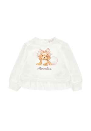 Witte sweatshirt met een zachte textuur, featuring een gedrukt puppy met een roze strik en tule rand aan de onderkant. Decoratieve tekst leest "Mammalisa."