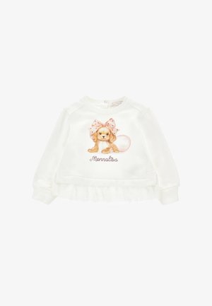 Witte sweatshirt met een zachte textuur, featuring een gedrukt puppy met een roze strik en tule rand aan de onderkant. Decoratieve tekst leest "Mammalisa."