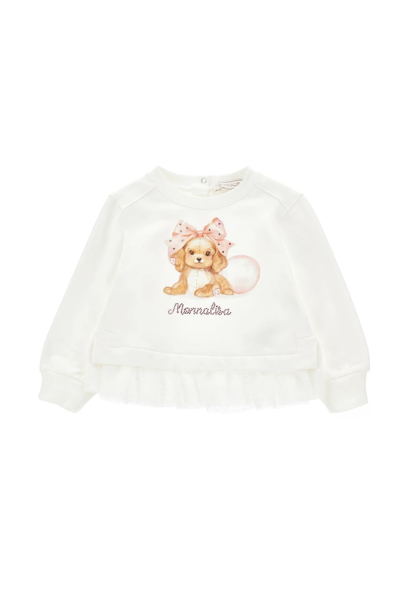 Felpa bianca con una morbida texture, caratterizzata da una stampa di un cucciolo con un fiocco rosa e un bordo in tulle all'orlo. Testo decorativo che recita "Mammalisa."