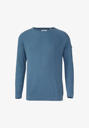 Pull bleu à manches longues à côtes avec encolure ronde et détail de fermeture éclair sur la manche gauche. Texture lisse et coupe ajustée.