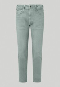 Jeans verde chiaro realizzati in misto cotone, con un design classico, cinque tasche e chiusura a bottone in vita.