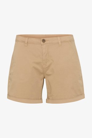 Shorts en khaki en mélange de coton doux, avec un ourlet roulé, des poches avant, une fermeture par bouton et des détails de couture subtils.