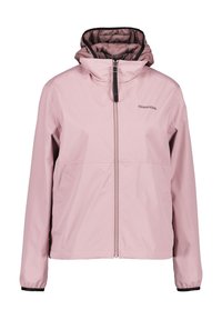 Veste imperméable rose clair avec capuche, fermeture éclair noire, poignets élastiques et logo "DIDRIKSONS" sur la poitrine.