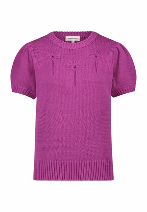 Korte mouwen gebreide trui in levendig roze met een ronde halslijn, voorzien van decoratieve strikmotieven en een geribde onderkant en mouwen.