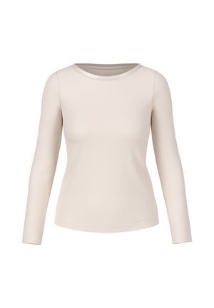 Hellbeige Langarmshirt aus glattem Stoff mit Rundhalsausschnitt und subtilen Logo-Detail am Saum.